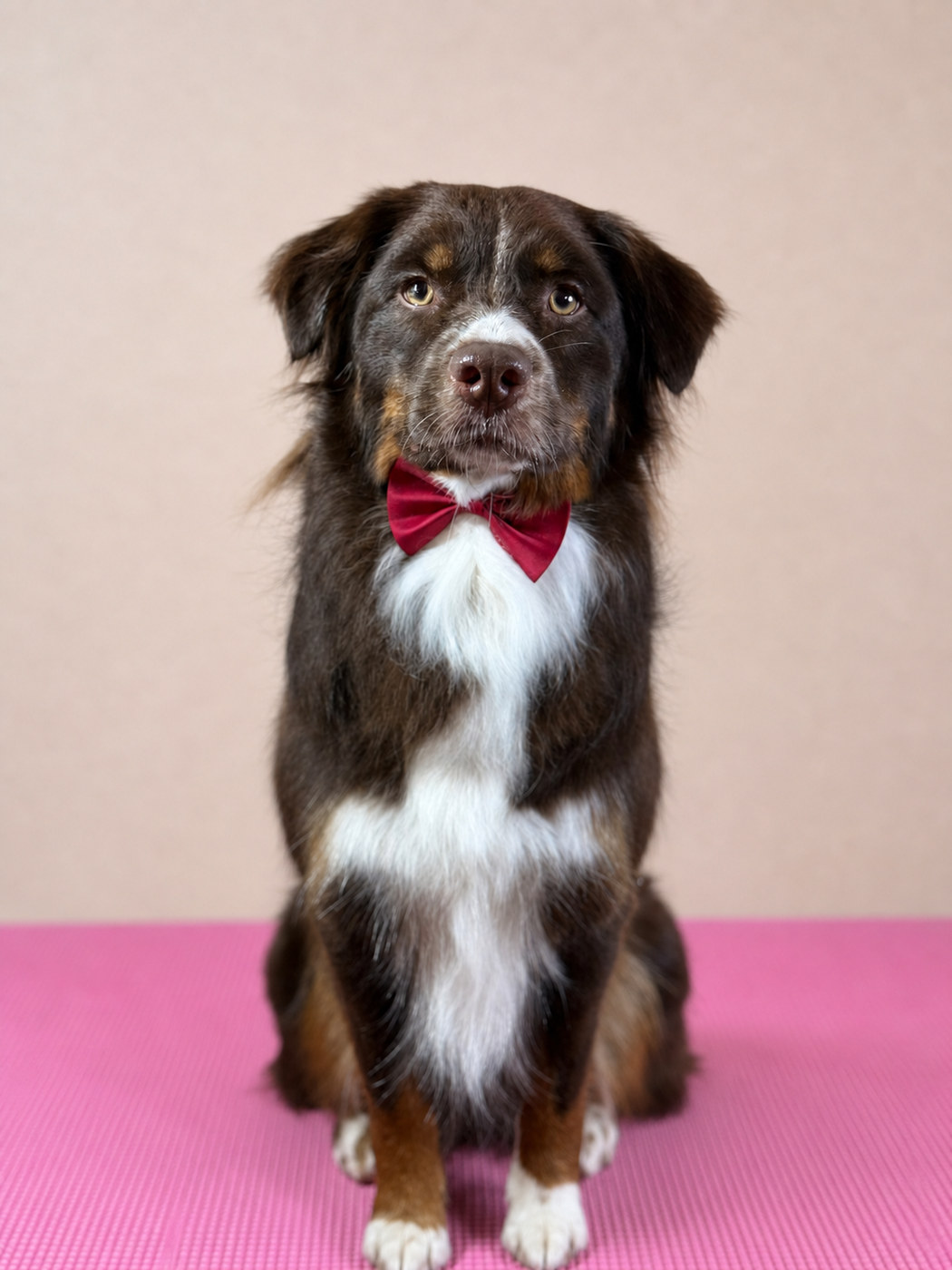 Australian shepherd in a red bow tie, studio portrait